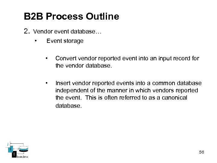 B 2 B Process Outline 2. Vendor event database… • Event storage • Convert
