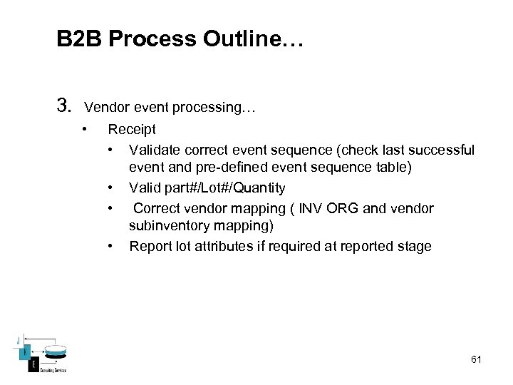 B 2 B Process Outline… 3. Vendor event processing… • Receipt • Validate correct
