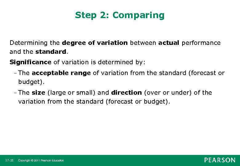 Step 2: Comparing Determining the degree of variation between actual performance and the standard.