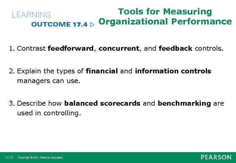 Tools for Measuring Organizational Performance 1. Contrast feedforward, concurrent, and feedback controls. 2. Explain