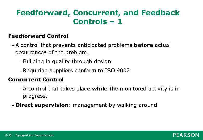 Feedforward, Concurrent, and Feedback Controls – 1 Feedforward Control –A control that prevents anticipated