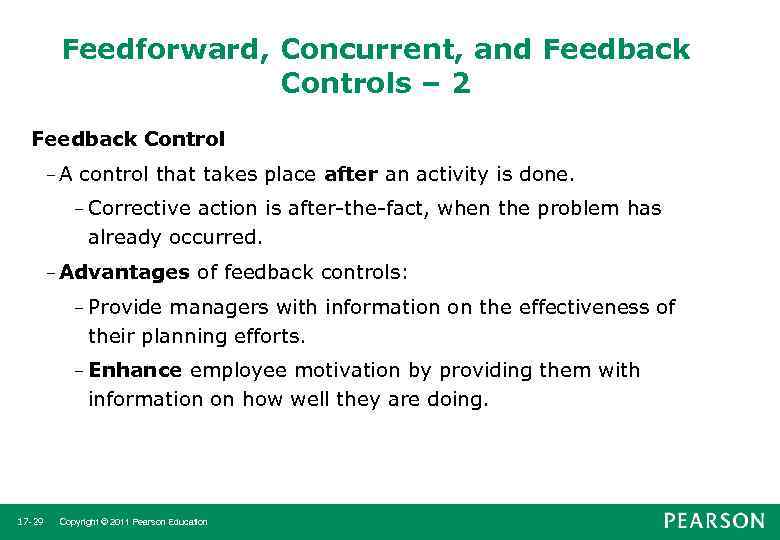 Feedforward, Concurrent, and Feedback Controls – 2 Feedback Control –A control that takes place