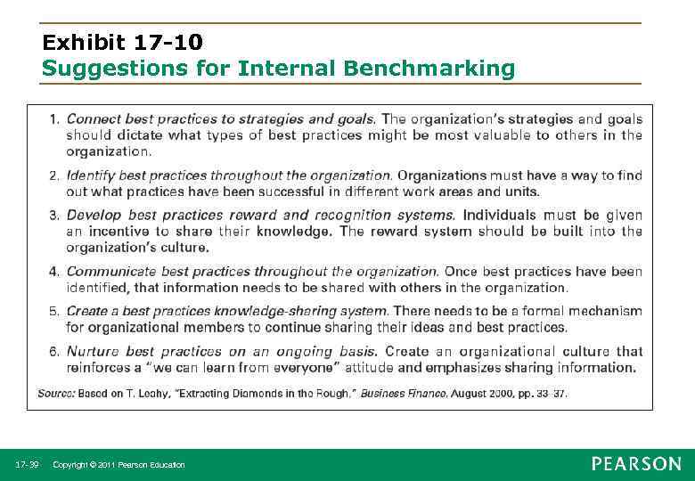 Exhibit 17 -10 Suggestions for Internal Benchmarking 17 -39 Copyright © 2011 Pearson Education