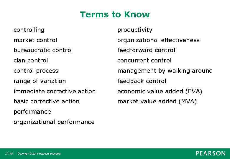 Terms to Know controlling productivity market control organizational effectiveness bureaucratic control feedforward control clan