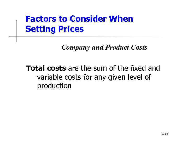 Factors to Consider When Setting Prices Company and Product Costs Total costs are the