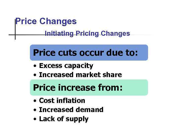 Price Changes Initiating Pricing Changes Price cuts occur due to: • Excess capacity •