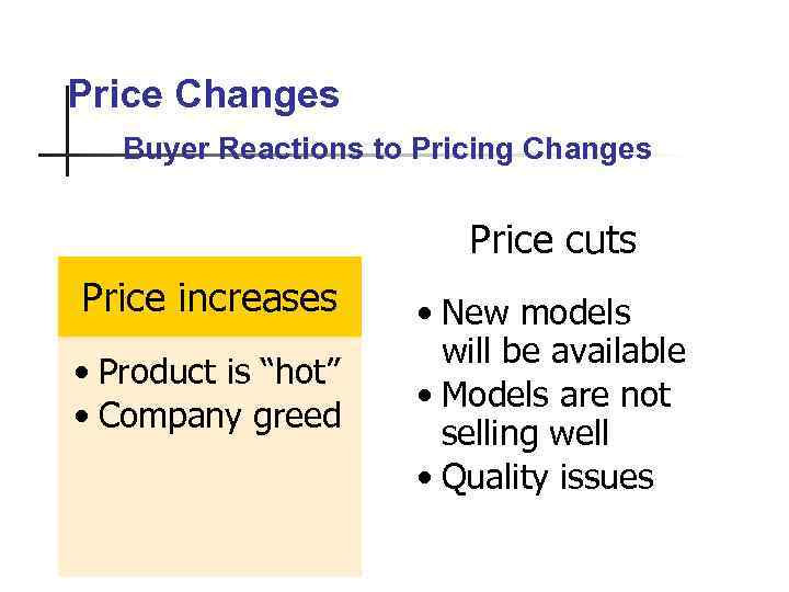 Price Changes Buyer Reactions to Pricing Changes Price cuts Price increases • Product is