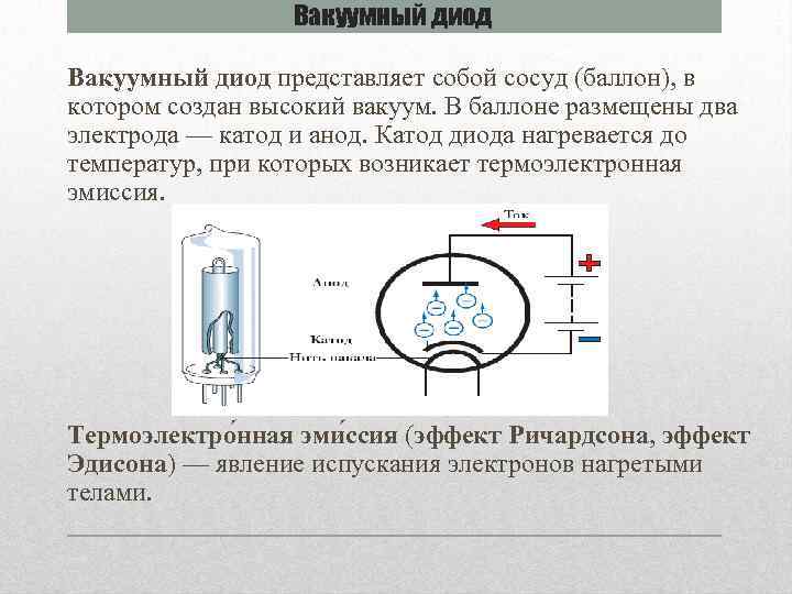 Вакуумный диод представляет собой сосуд (баллон), в котором создан высокий вакуум. В баллоне размещены