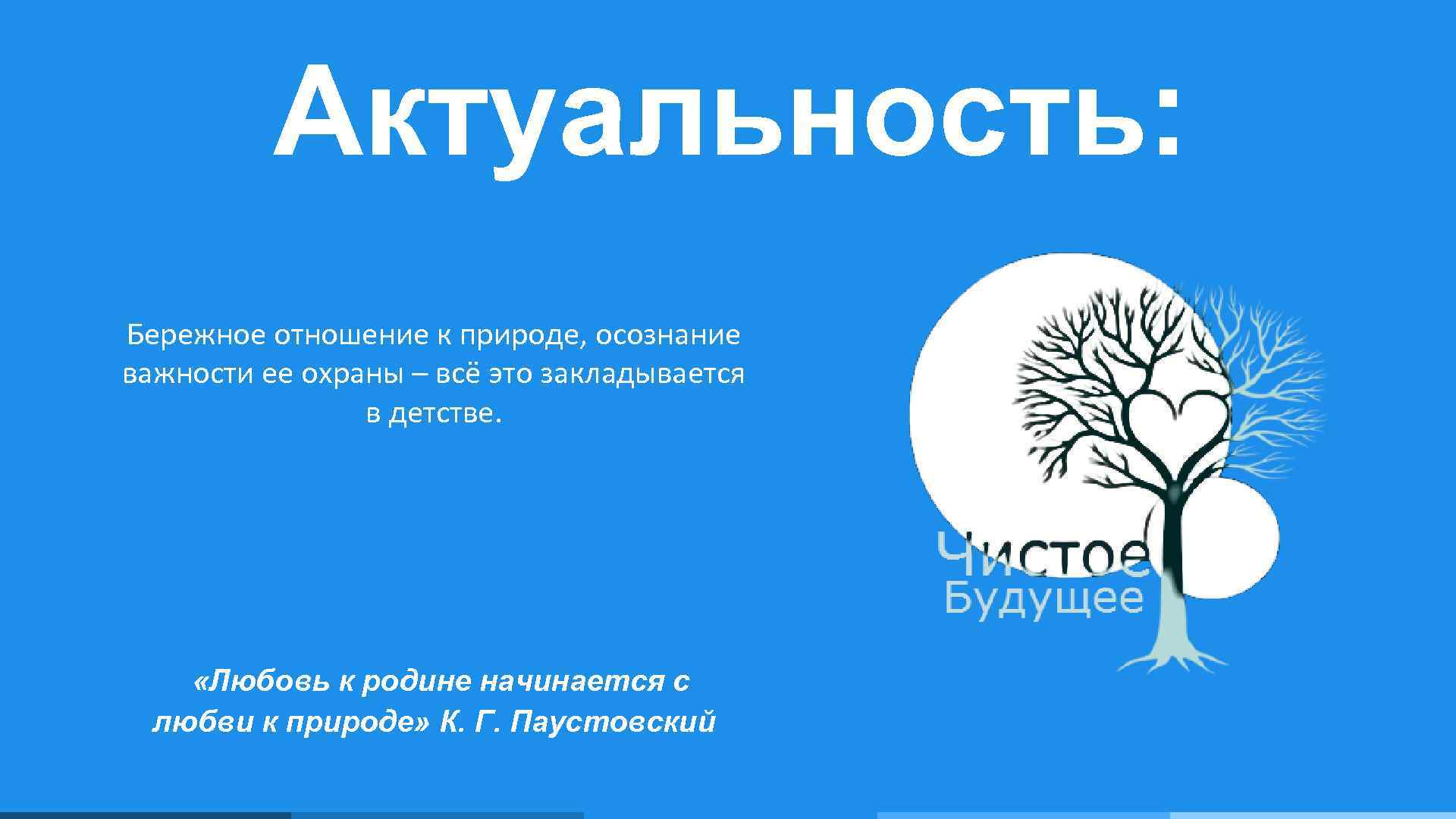 Актуальность: Бережное отношение к природе, осознание важности ее охраны – всё это закладывается в