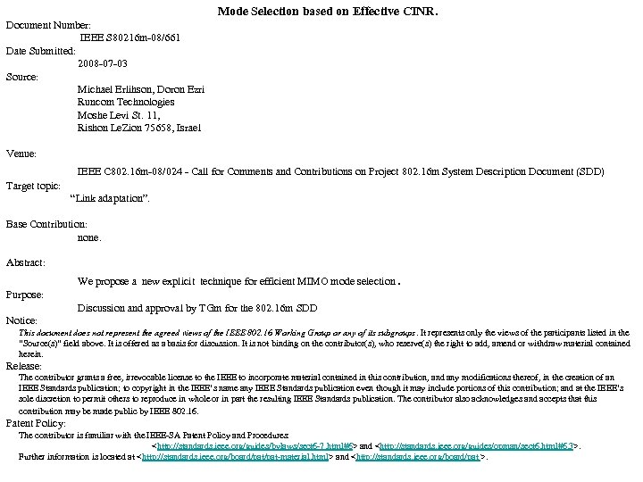 Mode Selection based on Effective CINR. Document Number: IEEE S 80216 m-08/661 Date Submitted: