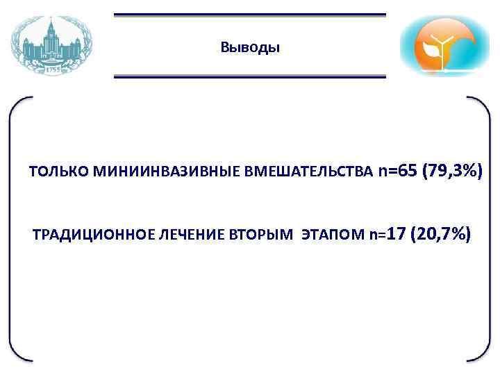 Выводы ТОЛЬКО МИНИИНВАЗИВНЫЕ ВМЕШАТЕЛЬСТВА n=65 (79, 3%) ТРАДИЦИОННОЕ ЛЕЧЕНИЕ ВТОРЫМ ЭТАПОМ n=17 (20, 7%)