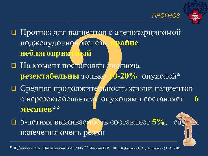 ? ПРОГНОЗ ______________________________ q q Прогноз для пациентов с аденокарциномой поджелудочной железы крайне неблагоприятный