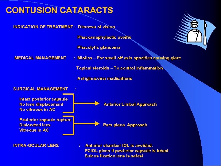 CONTUSION CATARACTS INDICATION OF TREATMENT : Dimness of vision Phacoanaphylactic uveitis Phacolytic glaucoma MEDICAL