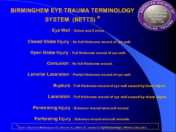 BIRMINGHEM EYE TRAUMA TERMINOLOGY SYSTEM (BETTS) * Eye Wall : Sclera and Cornea Closed
