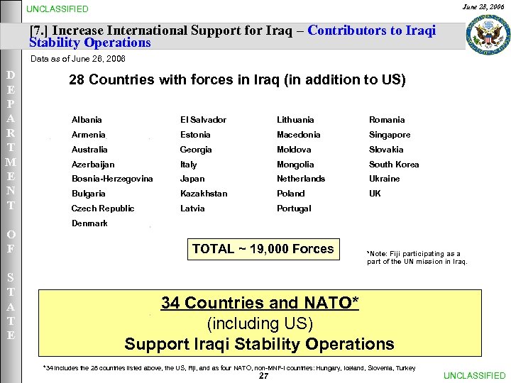 June 28, 2006 UNCLASSIFIED [7. ] Increase International Support for Iraq – Contributors to