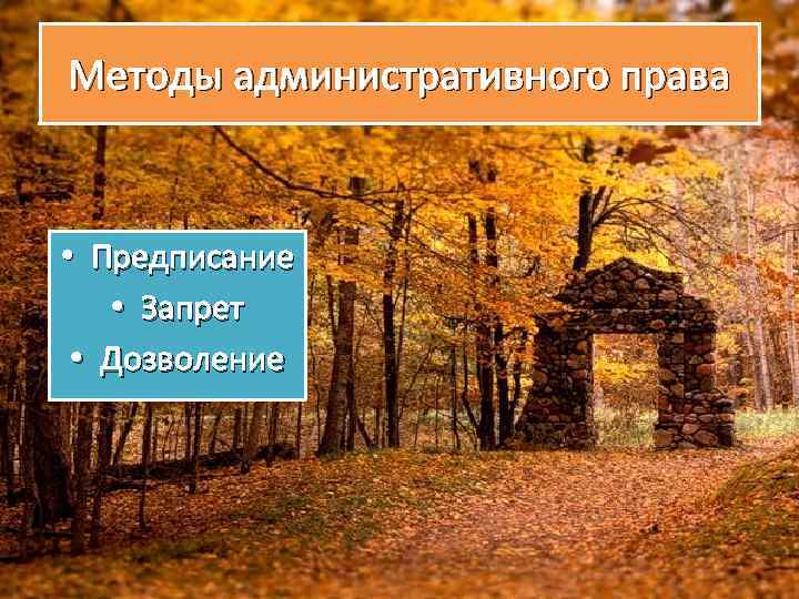 Методы административного права • Предписание • Запрет • Дозволение 
