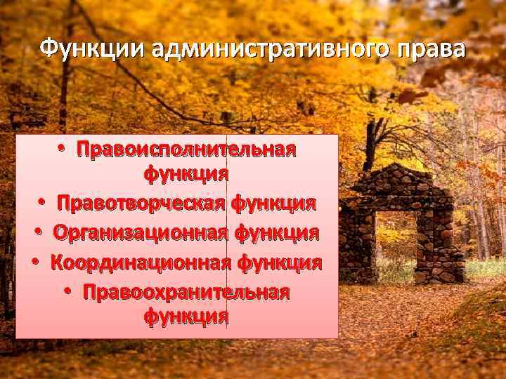 Функции административного права • Правоисполнительная функция • Правотворческая функция • Организационная функция • Координационная