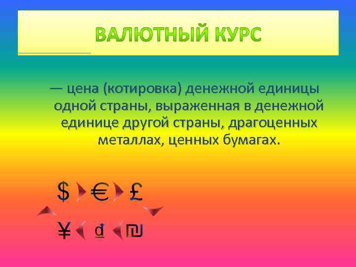  — цена (котировка) денежной единицы одной страны, выраженная в денежной единице другой страны,