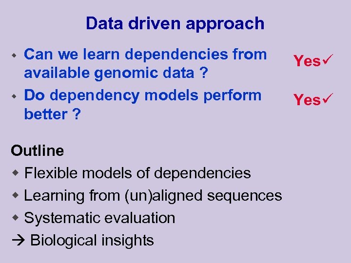 Data driven approach w w Can we learn dependencies from available genomic data ?