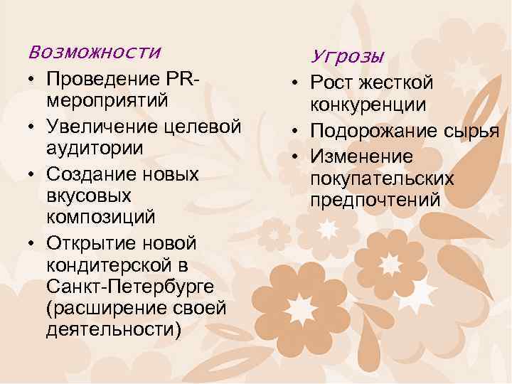 Возможности • Проведение PR- мероприятий • Увеличение целевой аудитории • Создание новых вкусовых композиций