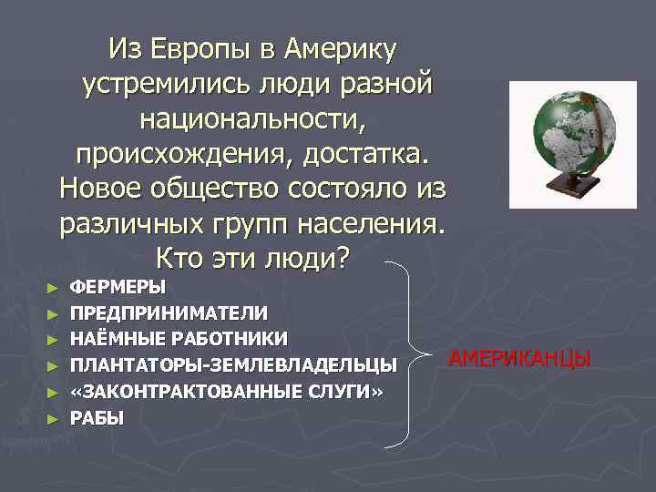 Из Европы в Америку устремились люди разной национальности, происхождения, достатка. Новое общество состояло из