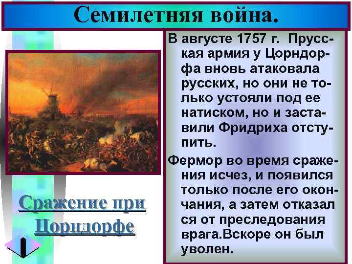 Семилетняя война. Сражение при Цорндорфе Меню В августе 1757 г. Прусская армия у Цорндорфа