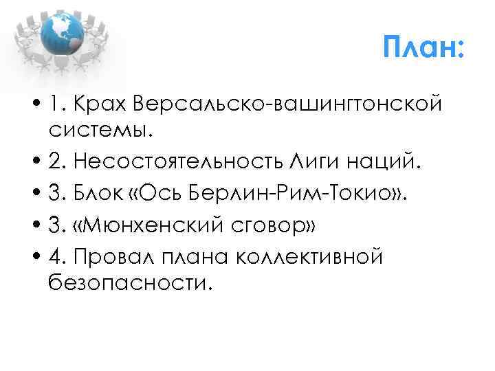 План: • 1. Крах Версальско-вашингтонской системы. • 2. Несостоятельность Лиги наций. • 3. Блок