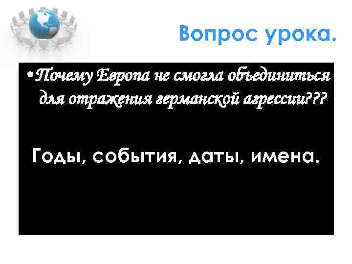 Вопрос урока. • Почему Европа не смогла объединиться для отражения германской агрессии? ? ?