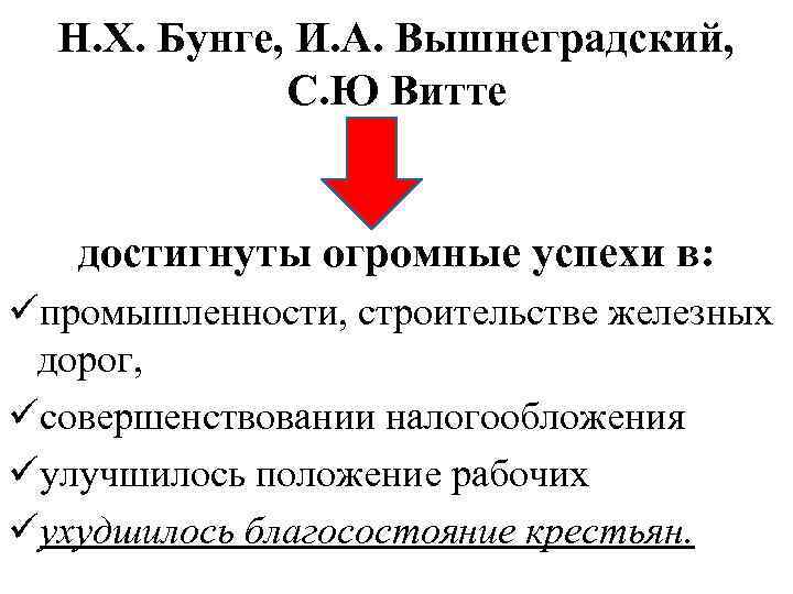 Н. Х. Бунге, И. А. Вышнеградский, С. Ю Витте достигнуты огромные успехи в: üпромышленности,