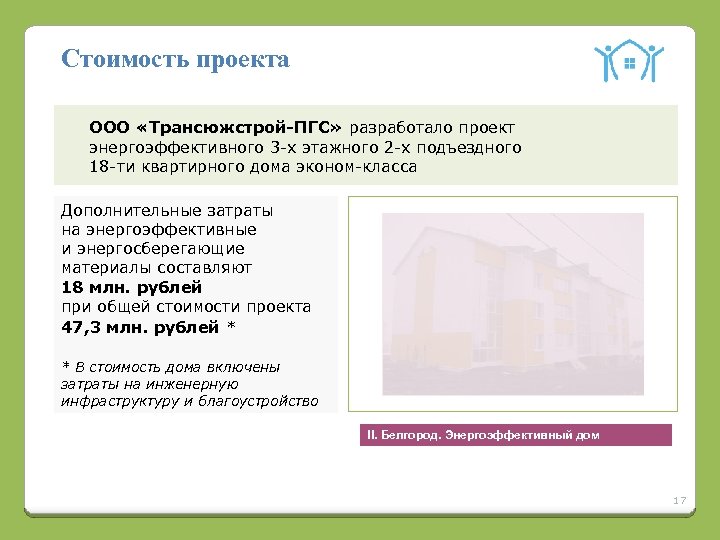 Стоимость проекта ООО «Трансюжстрой-ПГС» разработало проект энергоэффективного 3 -х этажного 2 -х подъездного 18