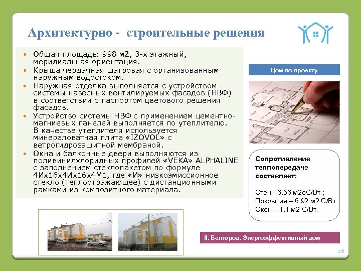 Архитектурно - строительные решения Общая площадь: 998 м 2, 3 -х этажный, меридиальная ориентация.