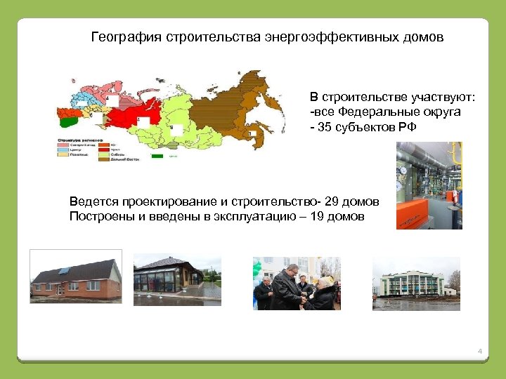 География строительства энергоэффективных домов В строительстве участвуют: -все Федеральные округа - 35 субъектов РФ