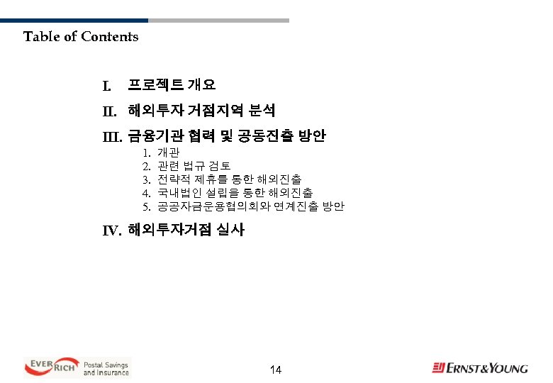 Table of Contents I. 프로젝트 개요 II. 해외투자 거점지역 분석 III. 금융기관 협력 및