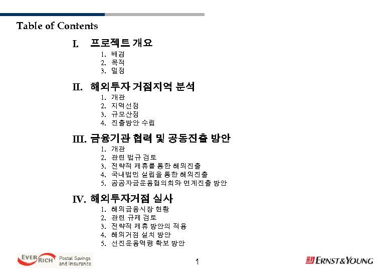 Table of Contents I. 프로젝트 개요 1. 배경 2. 목적 3. 일정 II. 해외투자