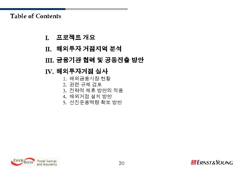 Table of Contents I. 프로젝트 개요 II. 해외투자 거점지역 분석 III. 금융기관 협력 및