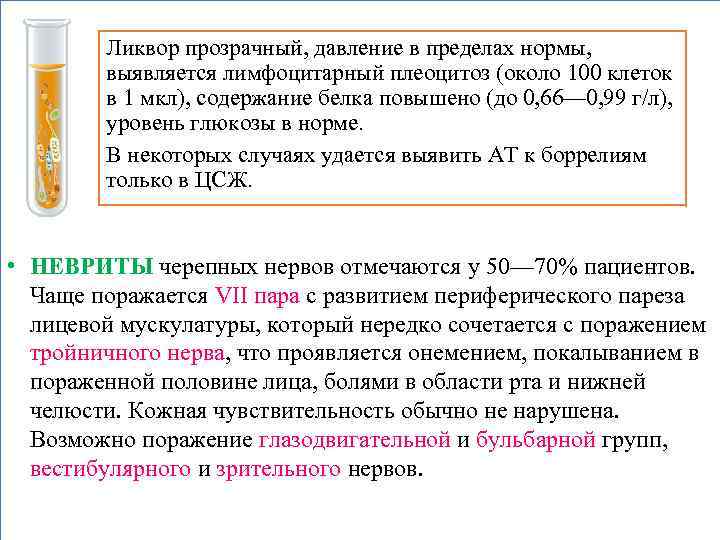 Ликвор прозрачный, давление в пределах нормы, выявляется лимфоцитарный плеоцитоз (около 100 клеток в 1
