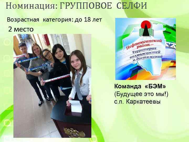 Номинация: ГРУППОВОЕ СЕЛФИ Возрастная категория: до 18 лет 2 место Команда «БЭМ» (Будущее это