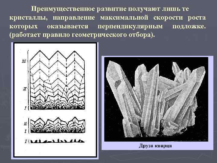 Преимущественное развитие получают лишь те кристаллы, направление максимальной скорости роста которых оказывается перпендикулярным подложке.
