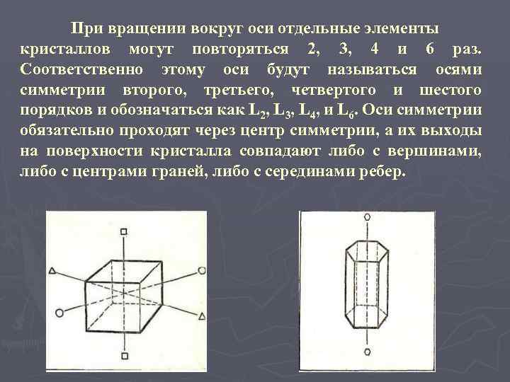 При вращении вокруг оси отдельные элементы кристаллов могут повторяться 2, 3, 4 и 6