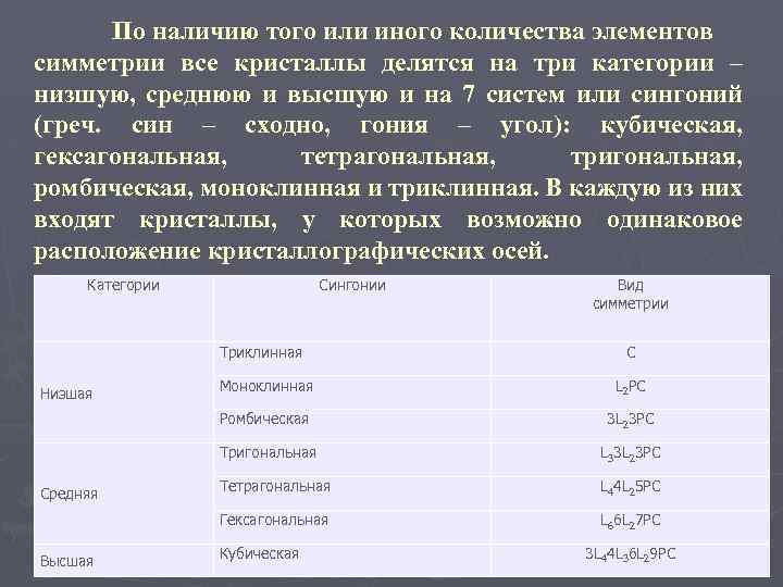 По наличию того или иного количества элементов симметрии все кристаллы делятся на три категории