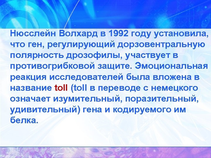  Нюсслейн Волхард в 1992 году установила, что ген, регулирующий дорзовентральную полярность дрозофилы, участвует