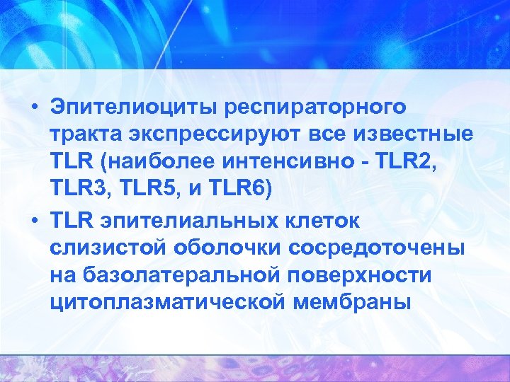  • Эпителиоциты респираторного тракта экспрессируют все известные TLR (наиболее интенсивно - TLR 2,