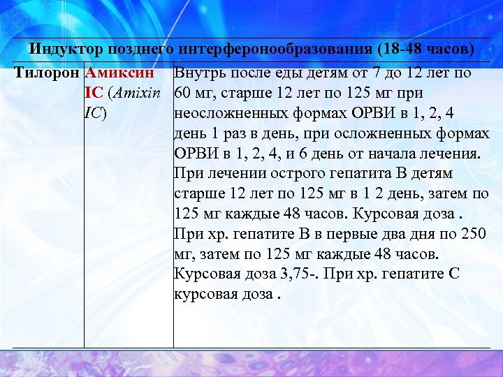 Индуктор позднего интерферонообразования (18 -48 часов) Тилорон Амиксин Внутрь после еды детям от 7