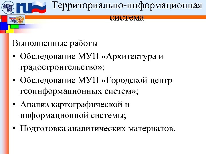 Территориально-информационная система ФЦП «Электронная Россия (2002 -2010 гг. )» . Выполненные работы • Обследование