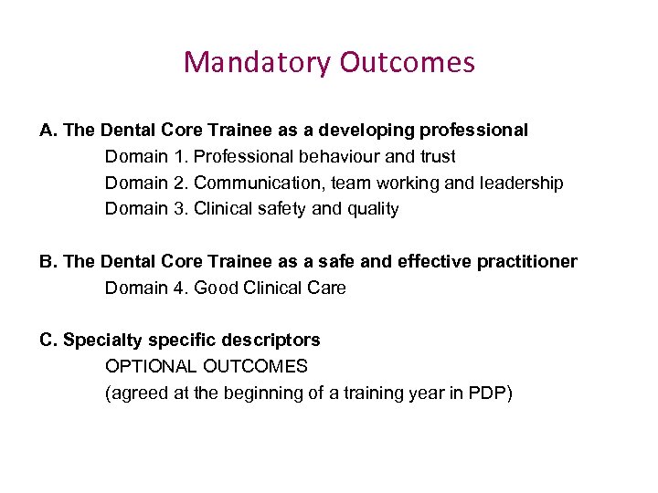 Mandatory Outcomes A. The Dental Core Trainee as a developing professional Domain 1. Professional