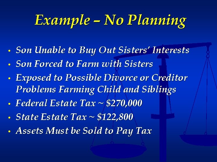 Example – No Planning • • • Son Unable to Buy Out Sisters’ Interests