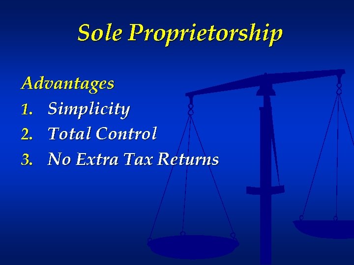 Sole Proprietorship Advantages 1. Simplicity 2. Total Control 3. No Extra Tax Returns 