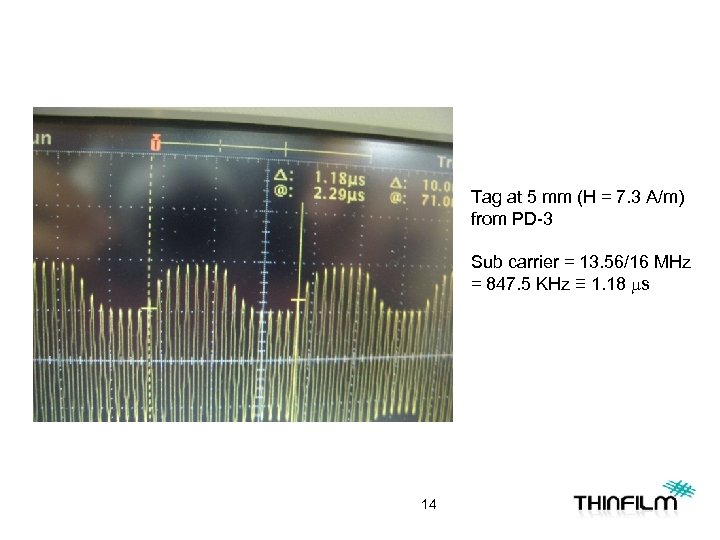 Tag at 5 mm (H = 7. 3 A/m) from PD-3 Sub carrier =