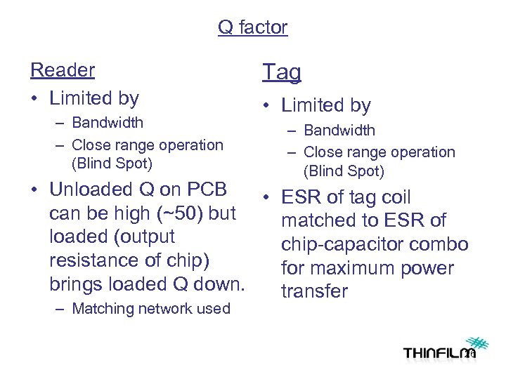 Q factor Reader • Limited by – Bandwidth – Close range operation (Blind Spot)