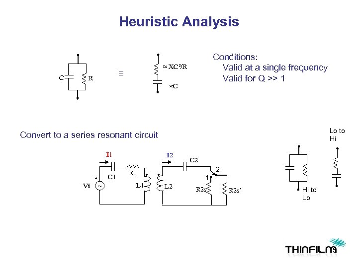 Heuristic Analysis C ≈ ≡ R Conditions: Valid at a single frequency Valid for